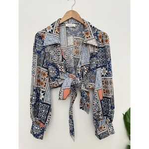 Bacio Women's Long‎ Sleeve V Neck Blouse Cropped  Tie Around Waist Large